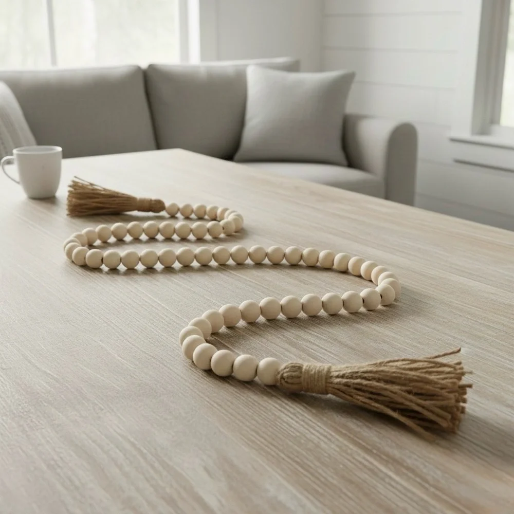 Handmade Wood Bead Garland | 58” Boho Farmhouse Tassel Decor | Gift Ready - Picture 5 of 16